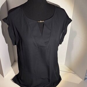 Women's Black Short-Sleeve V-Notch Blouse with Metallic Accent